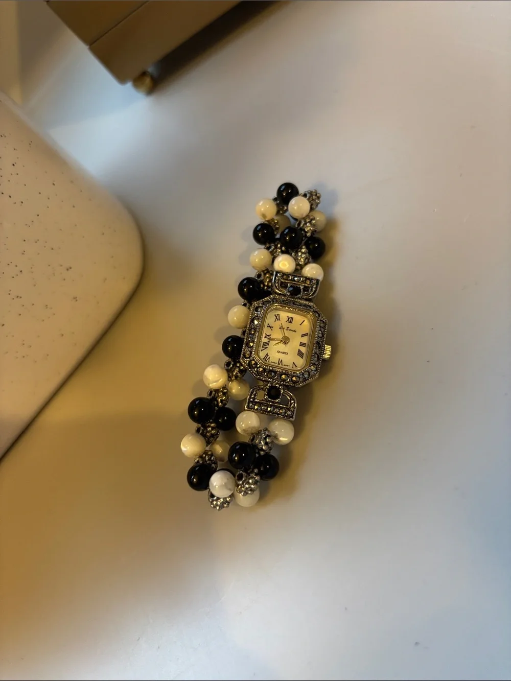 Beaded Black & White Bracelet Watch - Classic Two-Tone Women’s Accessory